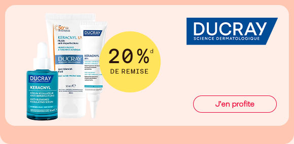Bannière présentant une sélection de soins Ducray Keracnyl. Mise en avant de 20 % de remise. Découvrez des soins pour les peaux à tendance acnéique et profitez de l’offre du moment.