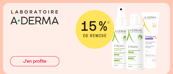 Bannière présentant une sélection de soins A-DERMA. Mise en avant de 15 % de remise. Découvrez des soins doux pour les peaux sensibles et fragilisées et profitez de l’offre du moment.