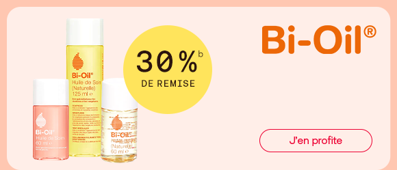 Bannière présentant plusieurs huiles de soin Bi-Oil. Mise en avant de 30 % de remise. Découvrez une sélection de soins pour les peaux sèches, les cicatrices et les vergetures, et profitez de l’offre du moment.