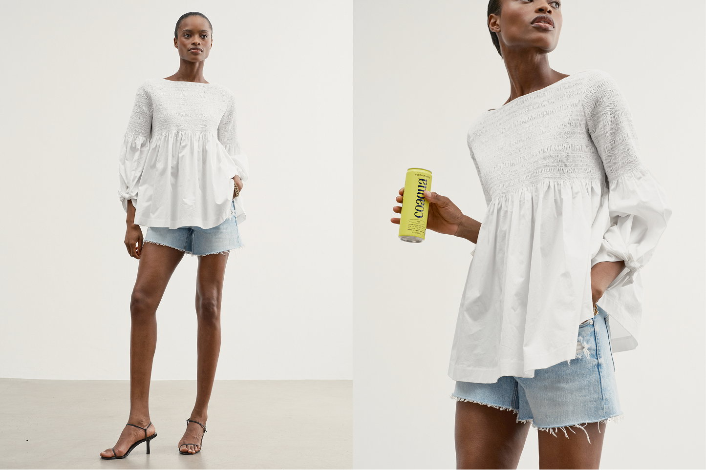 A feminine smocked bodice top with a voluminous skirted peplum that ends just below your tush.