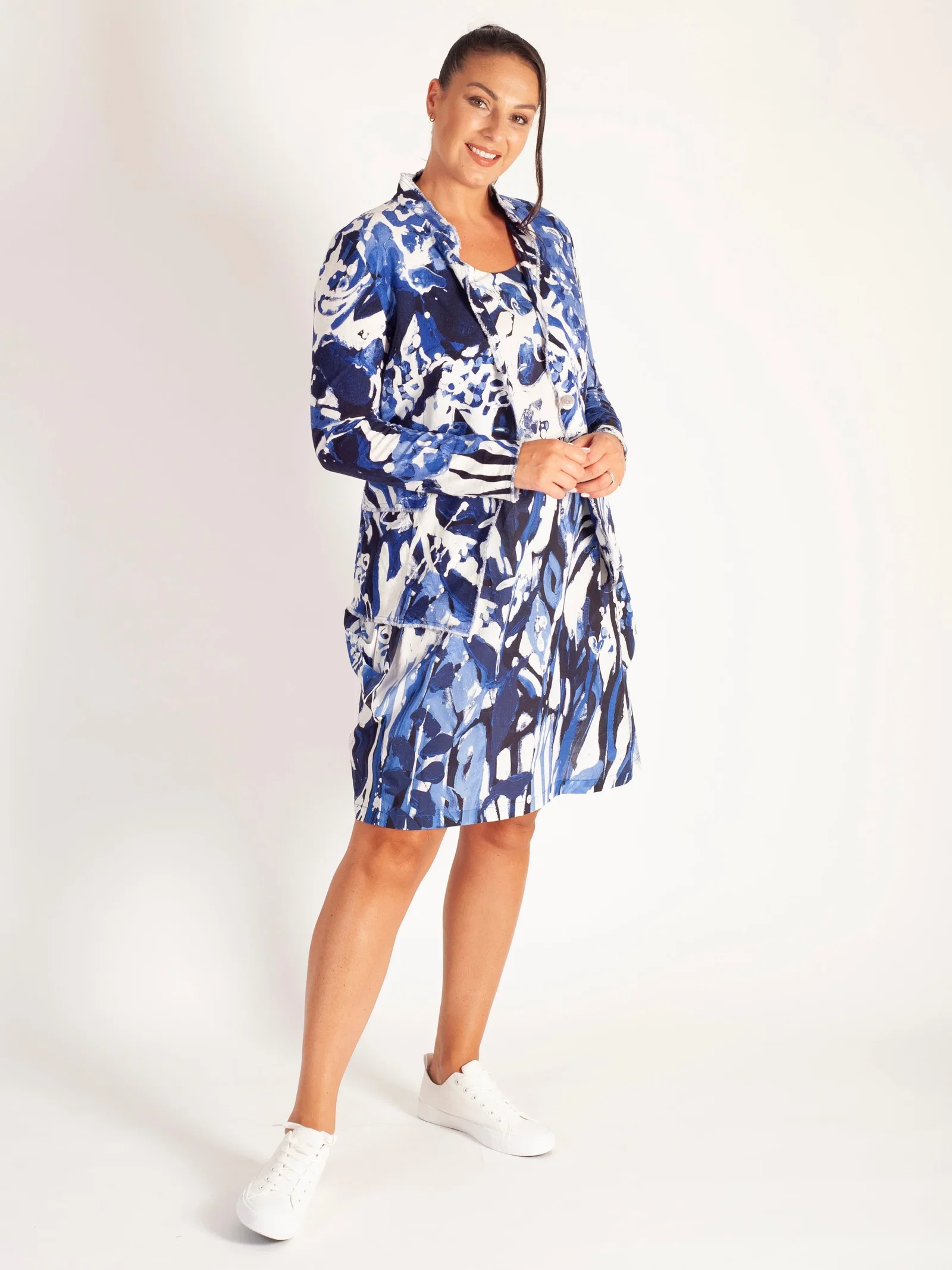 Image of Navy/Marine Abstract Garden Print Cotton Bubble Dress