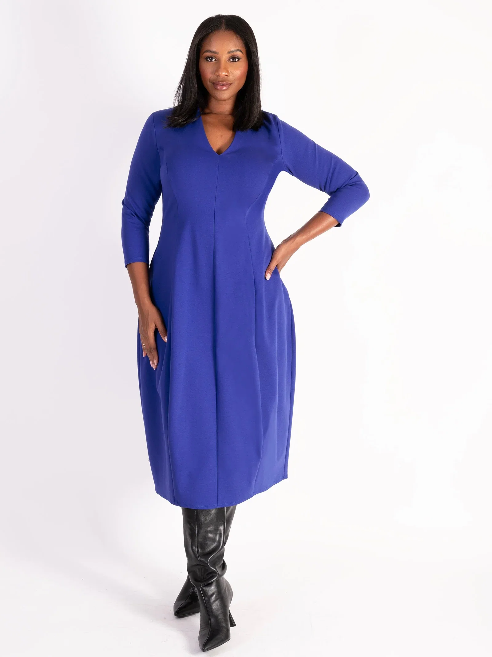 Image of Blue-Violet Ponte Roma Panelled Boulle Dress with Back Vent Detail