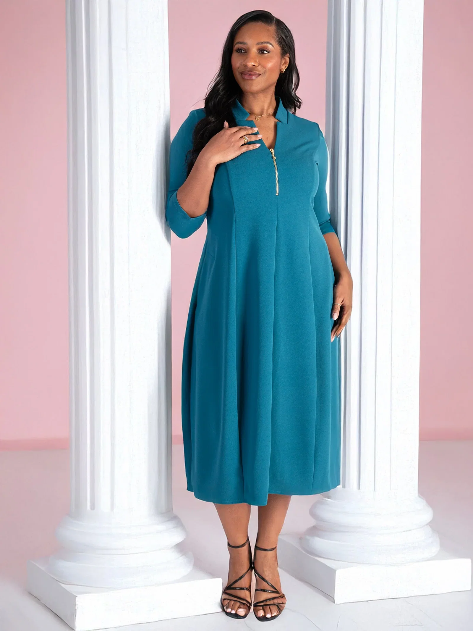 Image of Teal Notch Neck Zip Front Crepe Jersey Balloon Dress