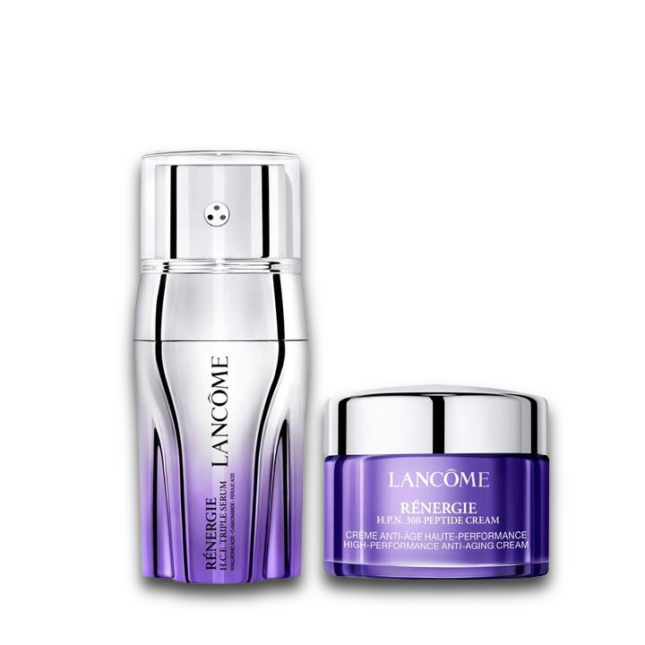 Duo Lancôme Rénergie: siero H.P.N. 300-Peptide e crema anti-età alta performance, su sfondo bianco