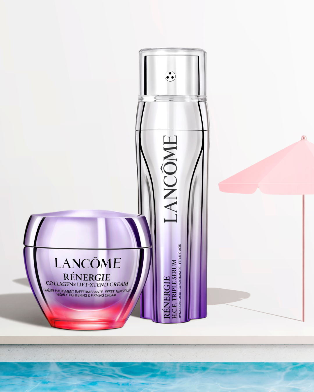 Lancôme Rénergie: crema Collagen Lift-Xtend e siero H.C.F. Triple Serum a bordo piscina con ombrellone rosa.