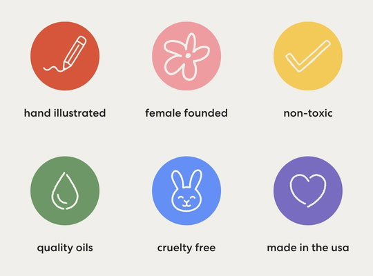 Hand illustrated, female founded, non-toxic, quality oils, cruelty free, and made in the USA.