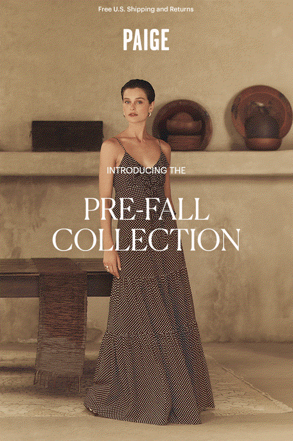 Introducing the Pre-Fall Collection from PAIGE - Featuring alternating images, one of a woman wearing a brown cami and maxi skirt set with ecru polka dots and the other of a man wearing a tan sweater and brown pants.