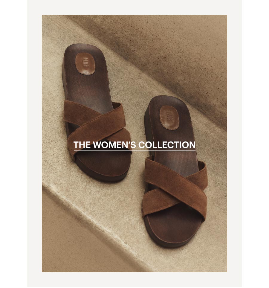 Shop the women's collection - Featuring an image of brown sandals with tonal suede straps.
