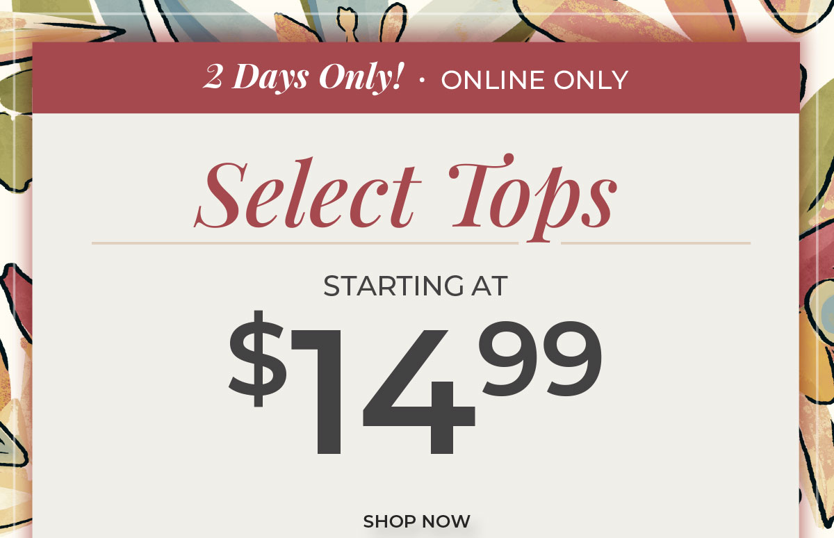 2 Days Only, Online Only. Select Tops Starting at $14.99