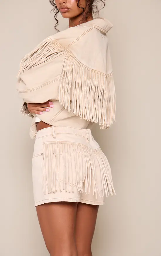 Washed Stone Fringe Detail High Waist Denim Shorts