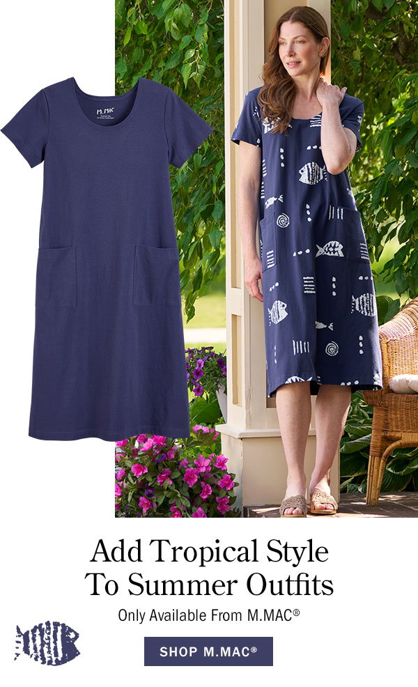 Add Tropical Style to Summer Outfits Only Available From M.MAC. Shop M. Mac. M.MAC Rock Fish Mid-Length Dress Cotton Knit With Pockets, M.MAC Solid Mid-Length Cotton Knit Dress With Pockets