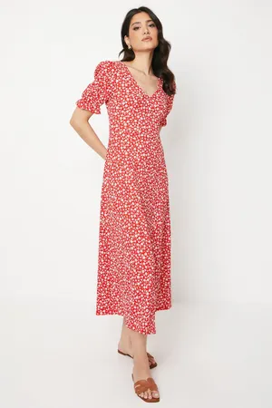 Red Ditsy V Neck Short Sleeve Jersey Midi Dress