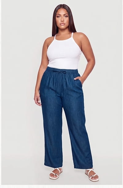 Shop Plus Size Chambray Wide Leg Drawstring Waist Pants
