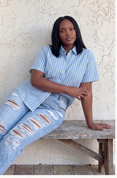 Shop Plus Size Satin Short Sleeve Striped Button Front Shirt
