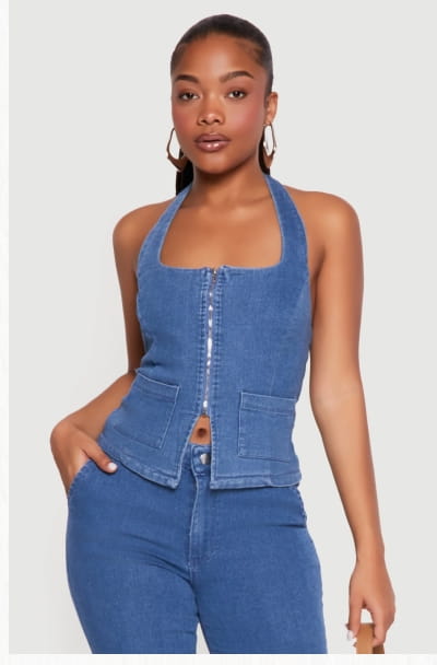Shop Zip Front Denim Halter Top