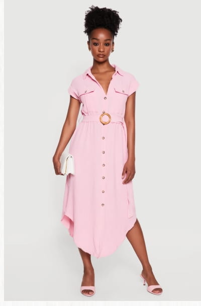 Shop Crepe Knit Button Front Belted Shirt Dress