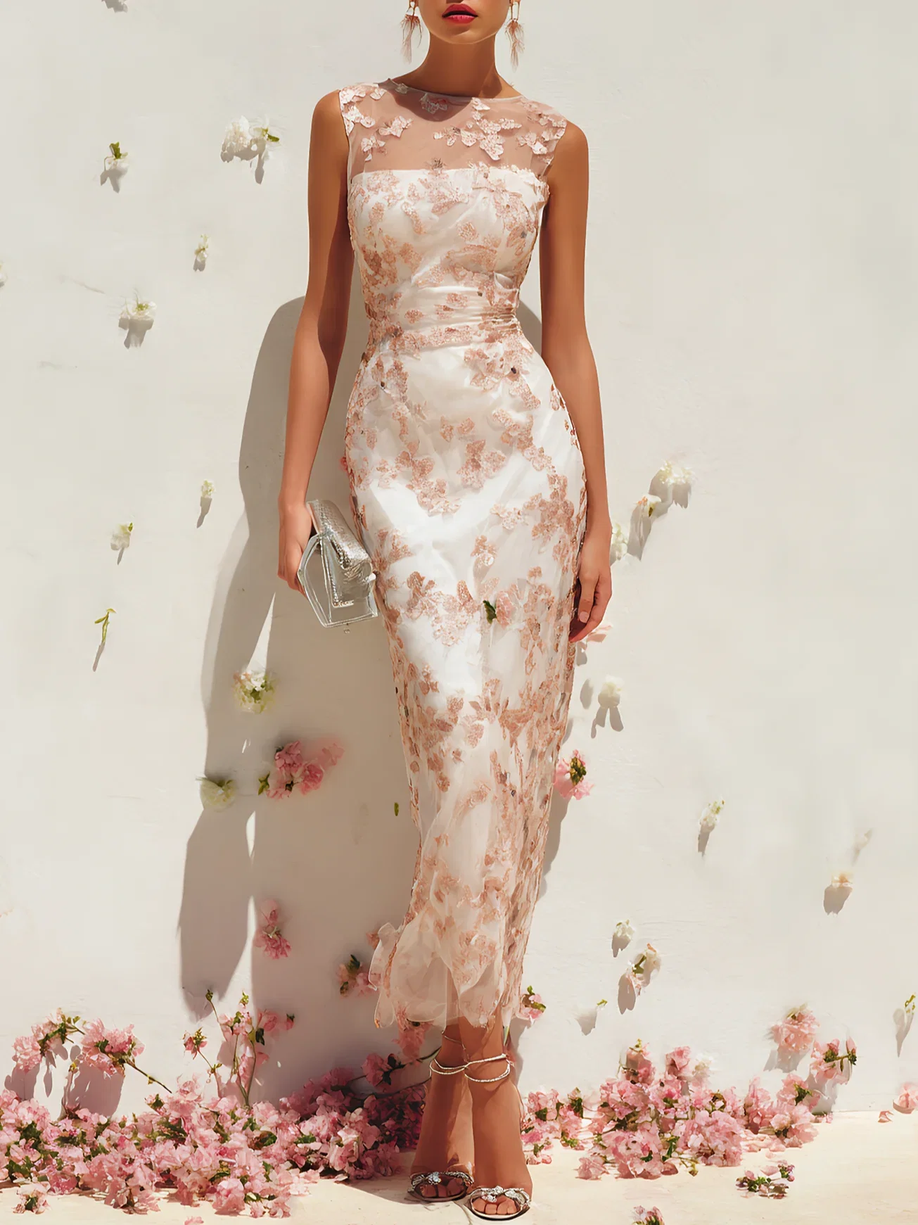 Image of Pink Lace Embroidery Applique Crew Neck Sleeveless Sheath Maxi Dress