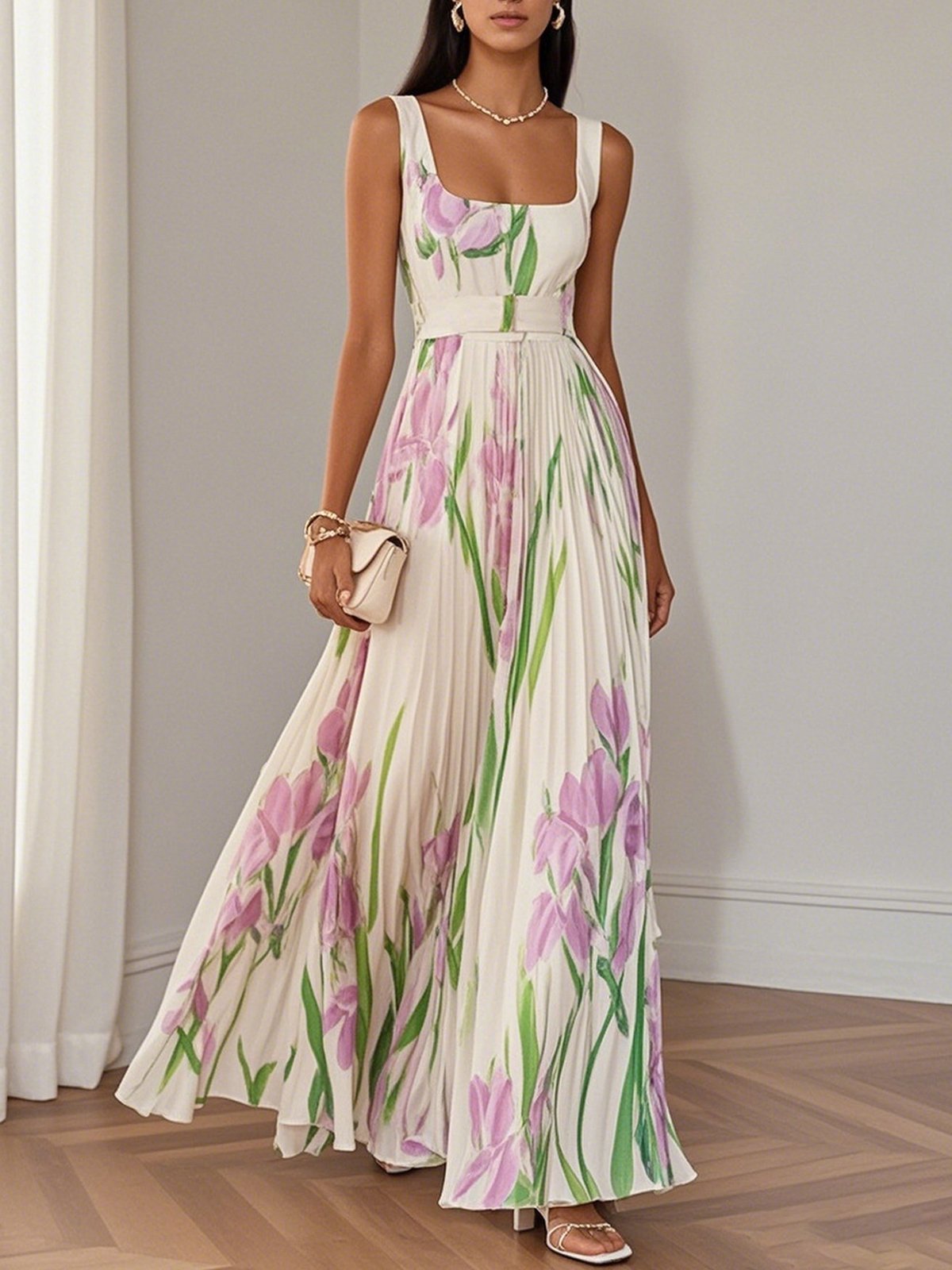 Image of White Pleated Floral Chiffon Square Neck Sleeveless A-Line Maxi Dress