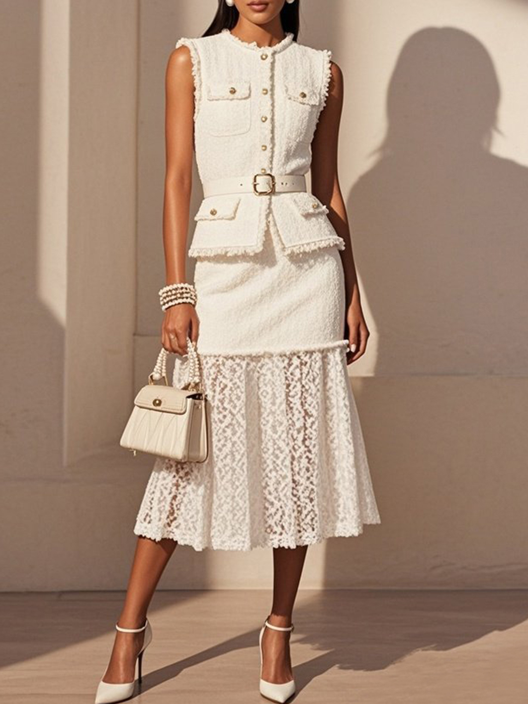 Image of Women White Buckle Lace Crew Neck Tweed Sleeveless Dressy Top With Skirt Two-Piece Set