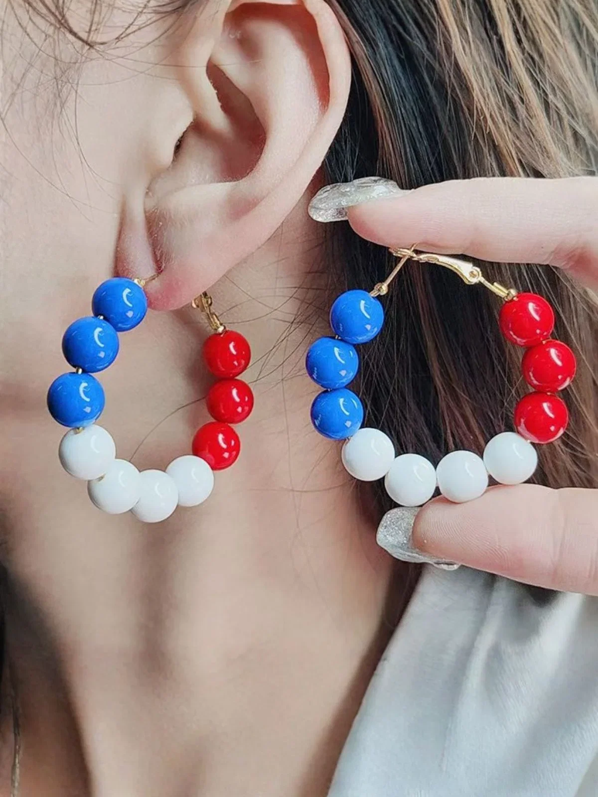 Image of Red White Blue Tricolor Beaded Hoop Earrings – Cute 4th of July Festive Patriotic Statement Earrings for Summer Party