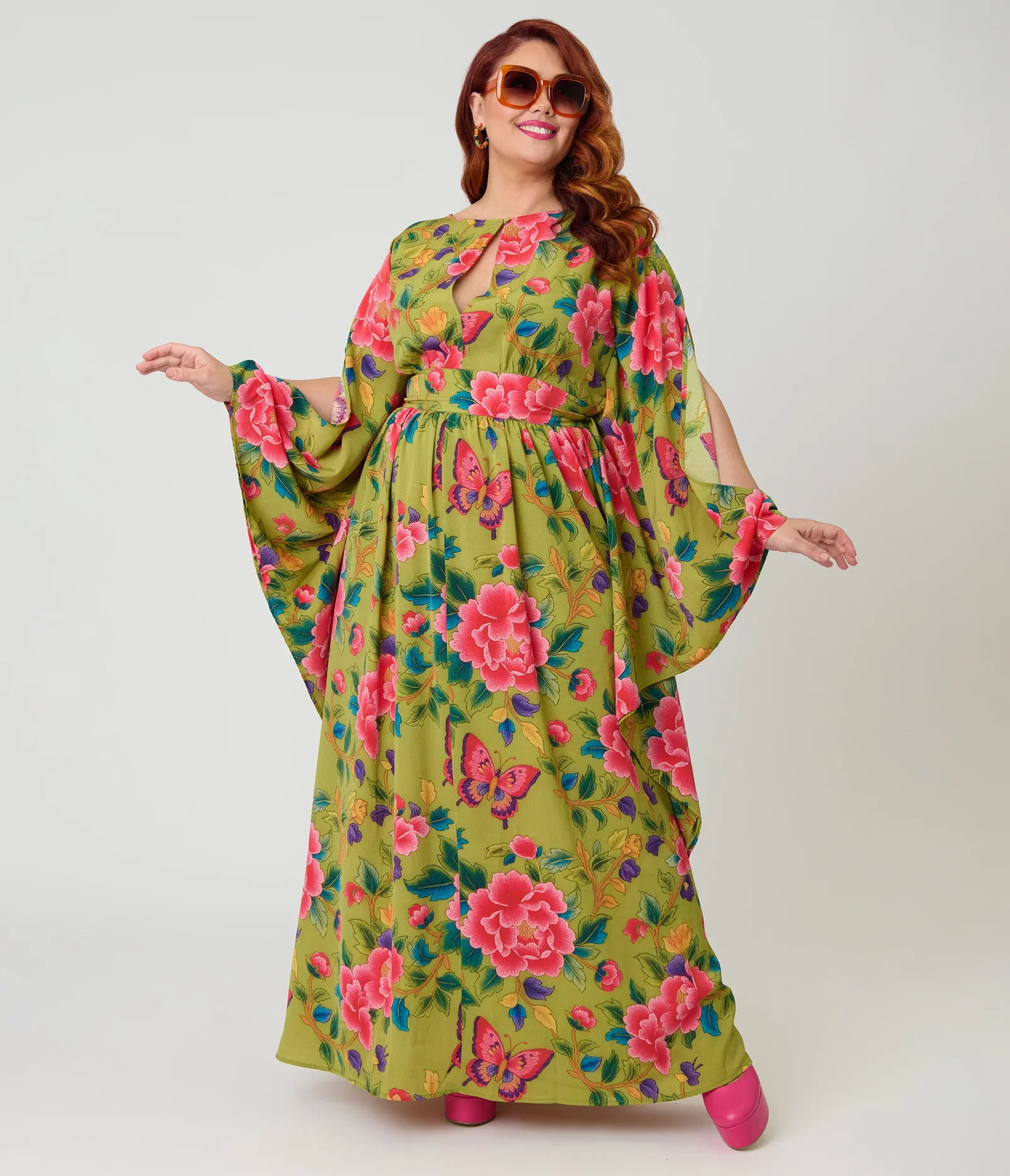 Image of Unique Vintage Plus Size Green & Pink Butterfly Floral Flutter Sleeve Caftan