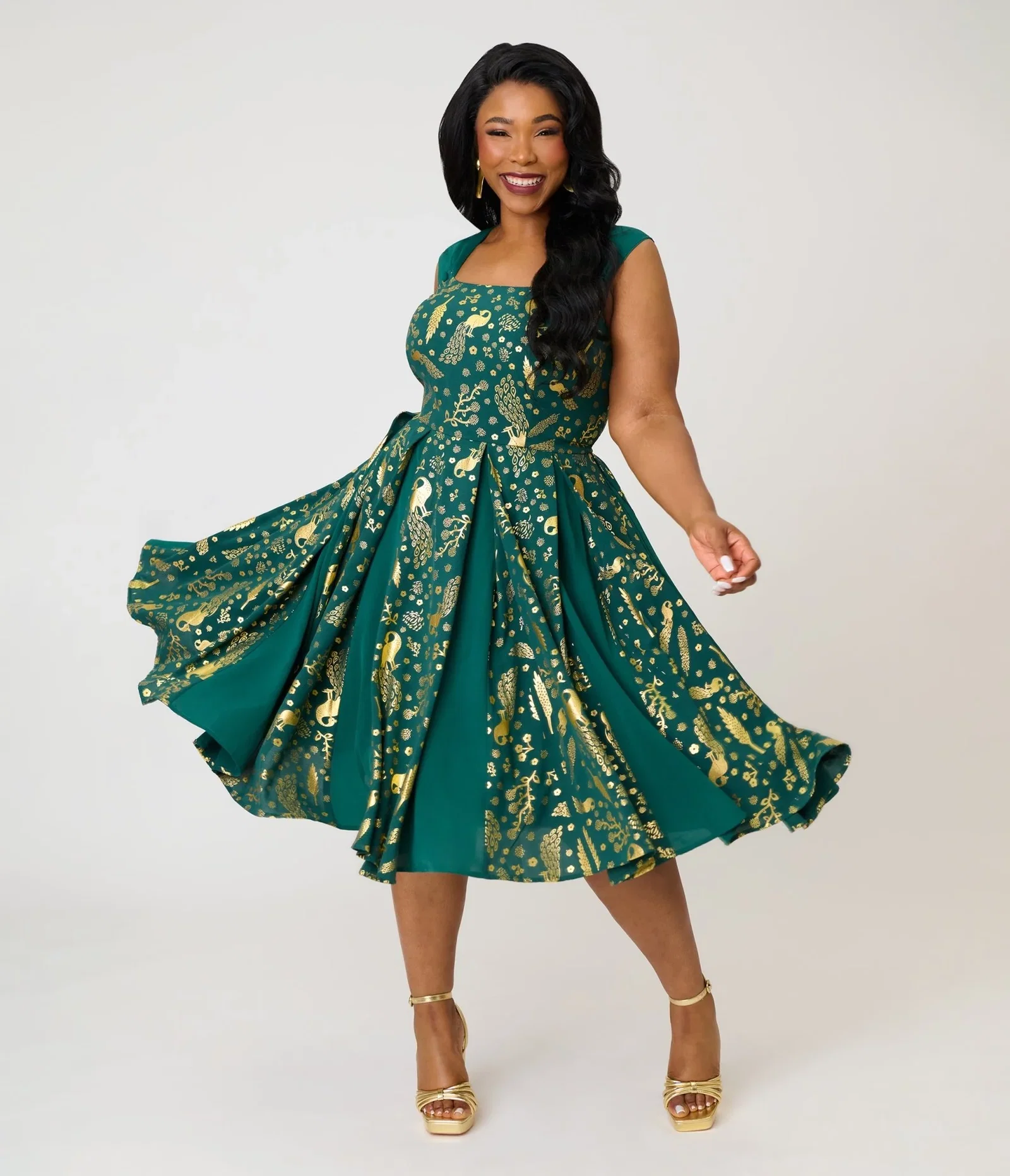 Image of Unique Vintage Plus Size Green & Gold Peacock Swing Dress