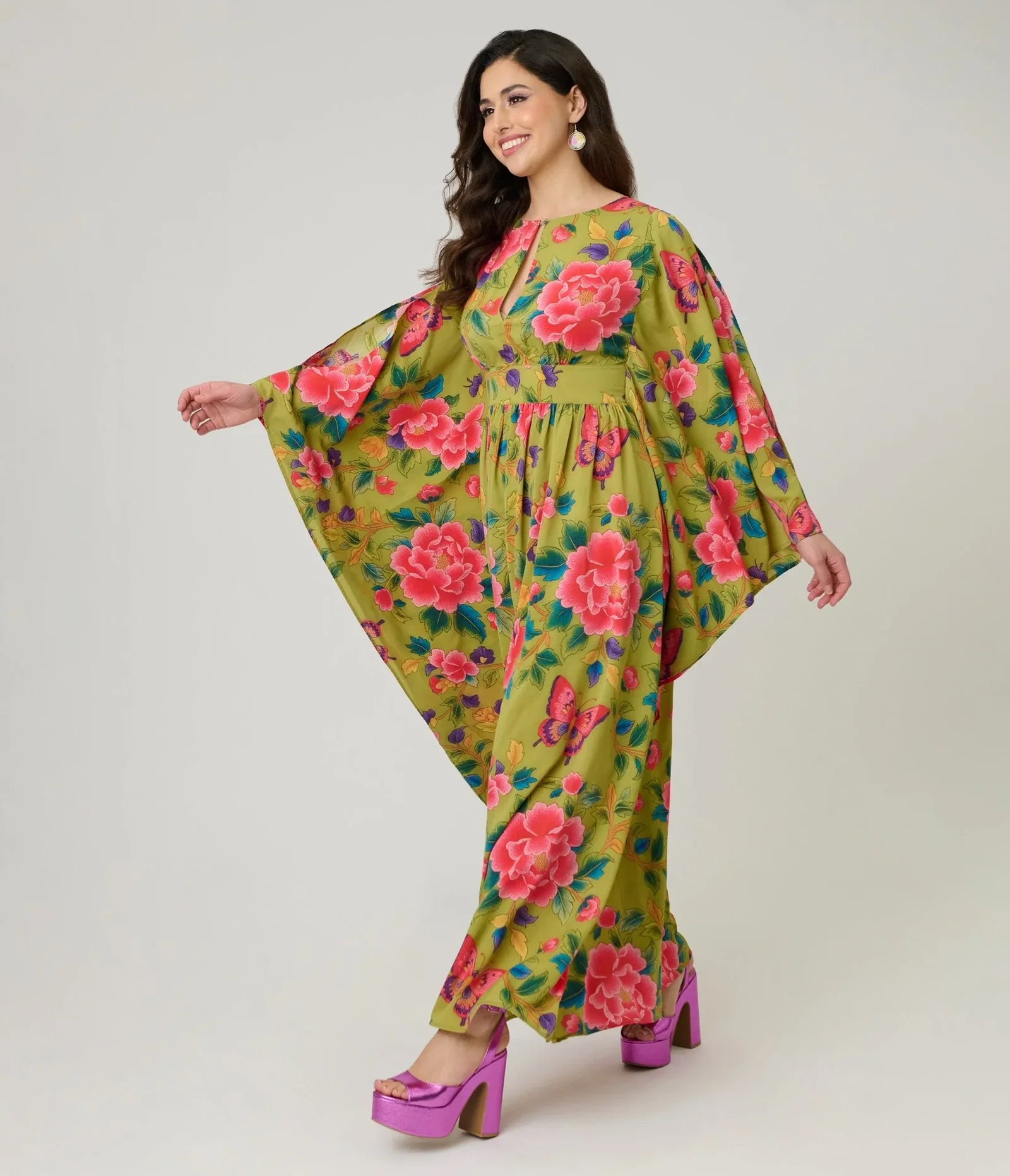 Image of Unique Vintage Green & Pink Butterfly Floral Flutter Sleeve Caftan