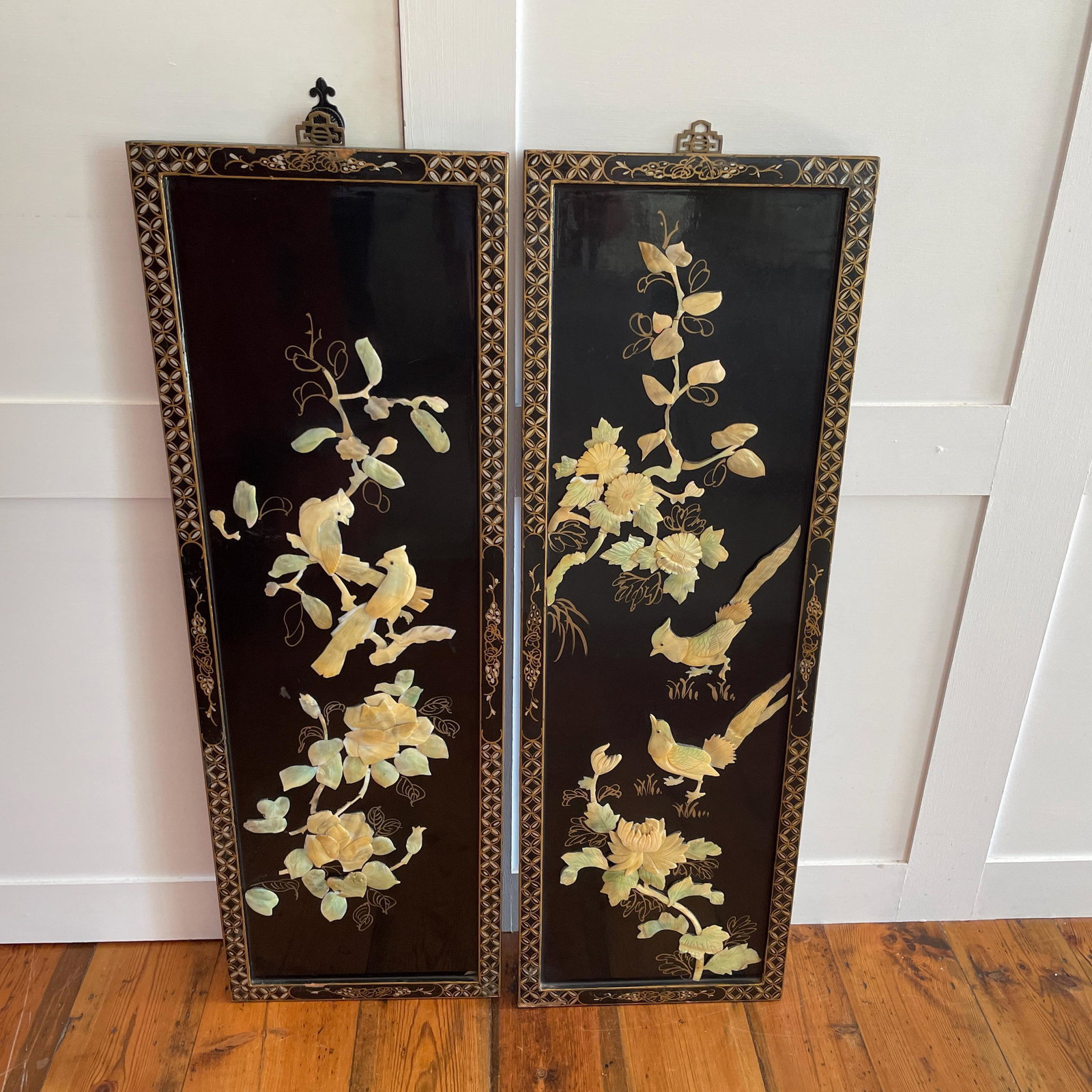 Chinese Lacquer Wall Panels, Vintage Mother Of Pearl, Asian Black Lacquered Art, Oriental Wall Decor, Soapstone 3d Birds Blossoms