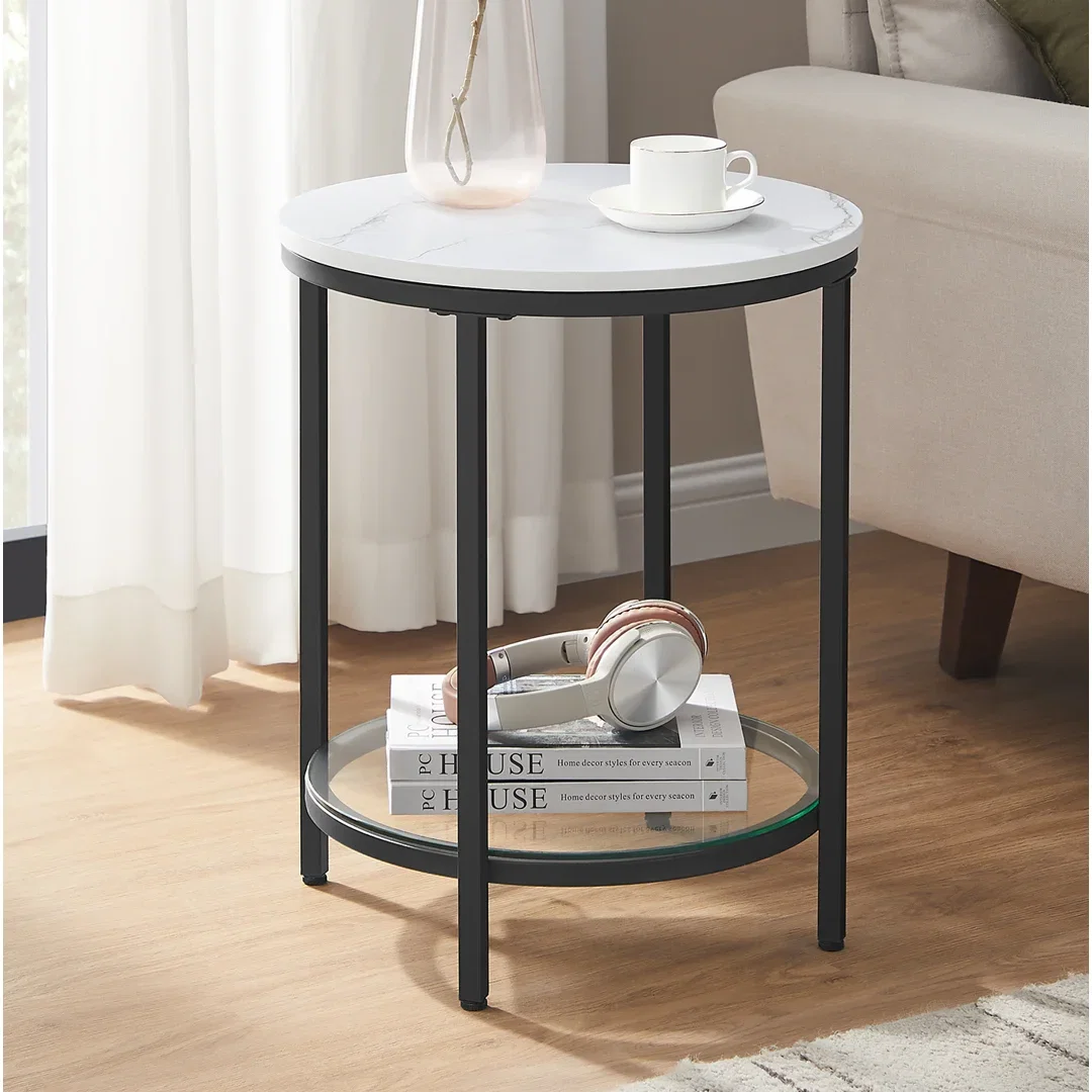 Round Faux Marble End Table with Glass Shelf