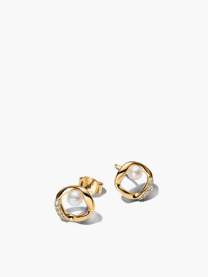 Organically Shaped Pavé Circle & Treated Freshwater Cultured Pearl Stud Earrings