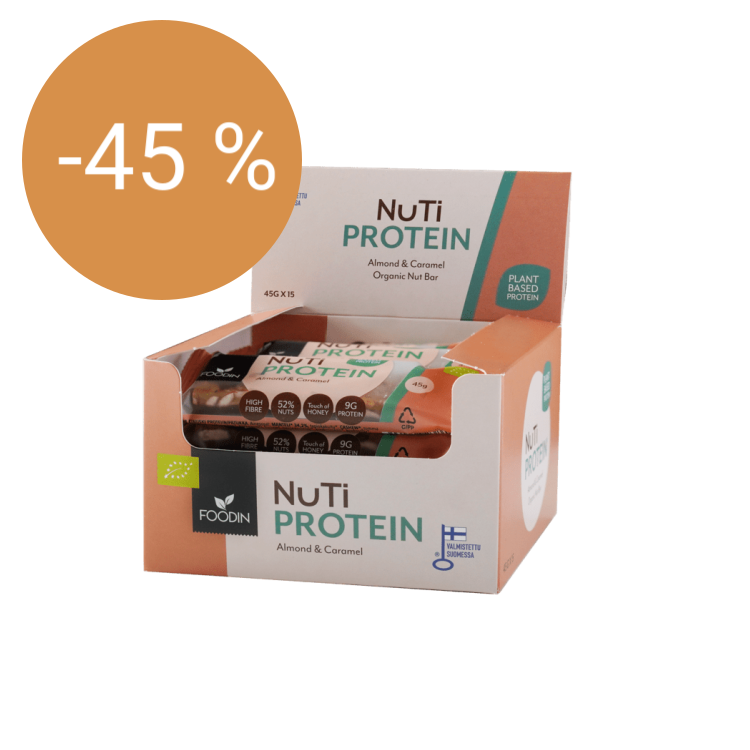Image of Foodin NUTI-proteiinipähkinäpatukka Almond & Caramel Luomu 45 g x 15 kpl