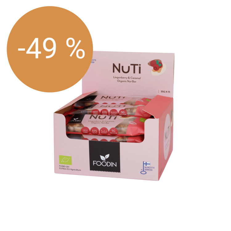 Image of Foodin NUTI-pähkinäpatukka Lingonberry & Caramel, Luomu 35 g x 15 kpl
