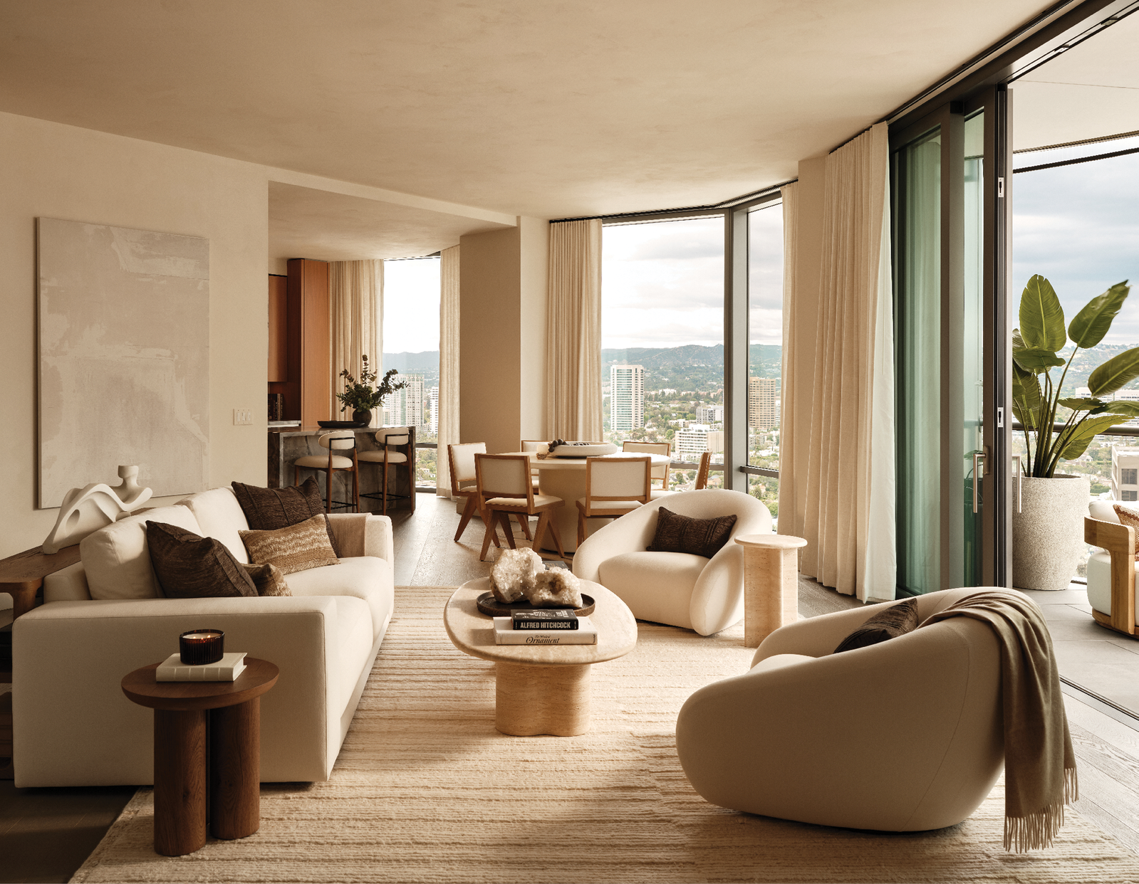 A furnished, modern apartment living and dining area.