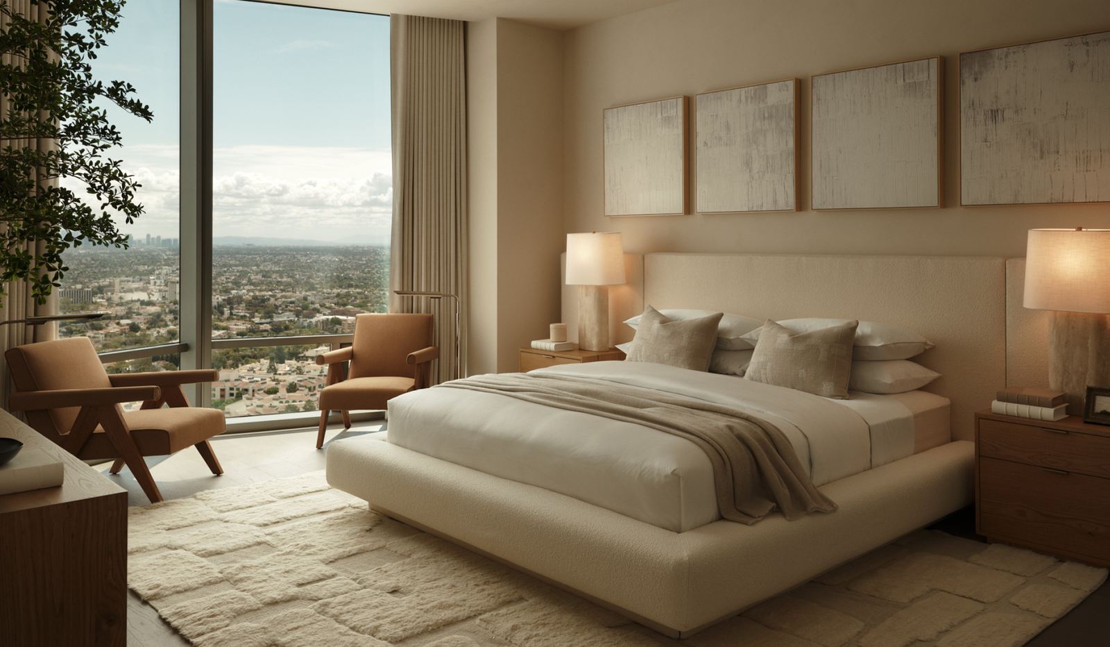 A furnished, modern apartment bedroom.