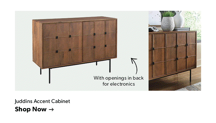 Featured Juddins Accent Cabinet. With openings in back for electronics. Click to shop now