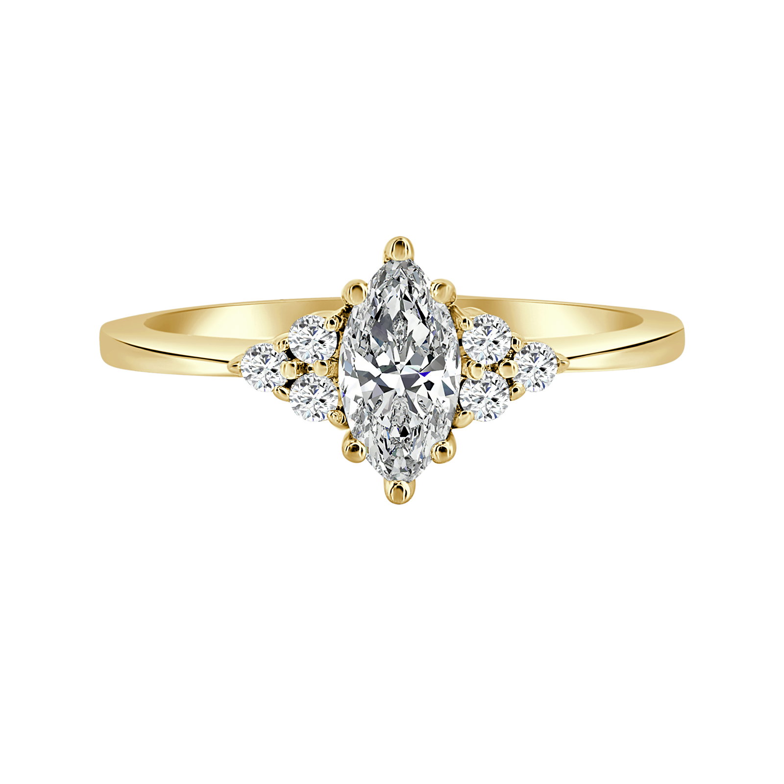 Image of Marquise-Cut Lab Grown 2 1/3ctw. Diamond With Round Trilogy Sides Engagement Ring in 14k Yellow Gold