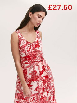 Marta Red Flower Crepe Linen Blend Sleeveless Midi Dress
