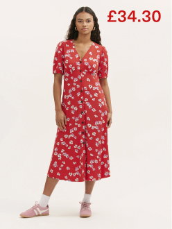 Milena Red Poppies Jersey Midi Dress