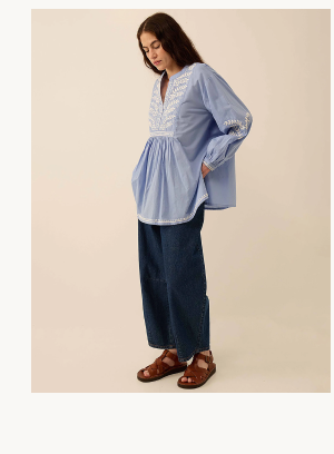Alva Hand-Chikankari Embroidered Top Blue