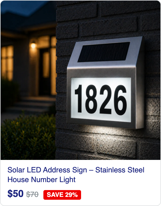 Solar LED Address Sign – Stainless Steel House Number Light with White LEDs, Waterproof, Customizable Numbers & Letters, Auto On/Off, 7.86 x 7.07 Inches