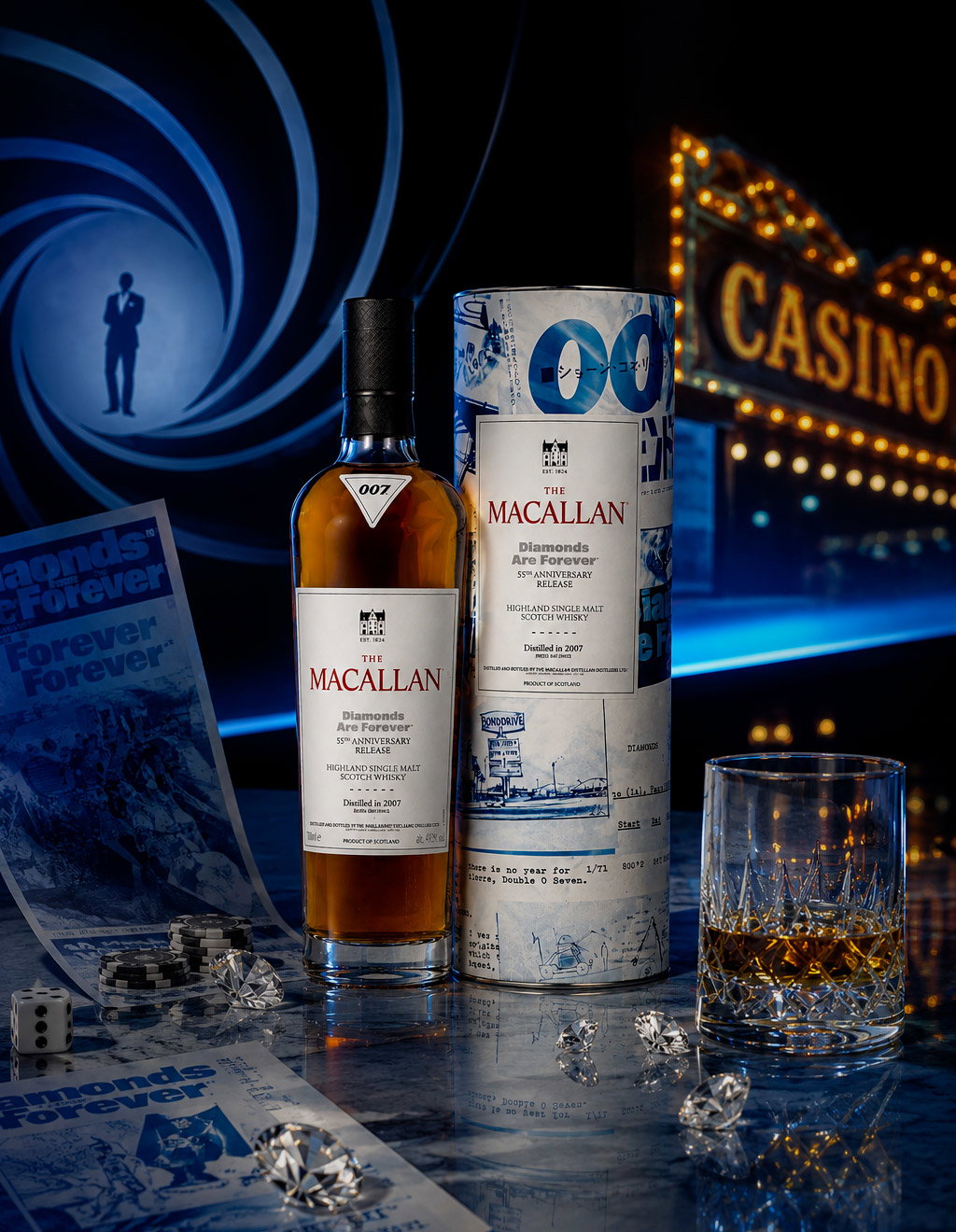 Bottle and tin of The Macallan 'Diamonds Are Forever' whisky beside a glass, scattered diamonds, casino lights and Bond motif