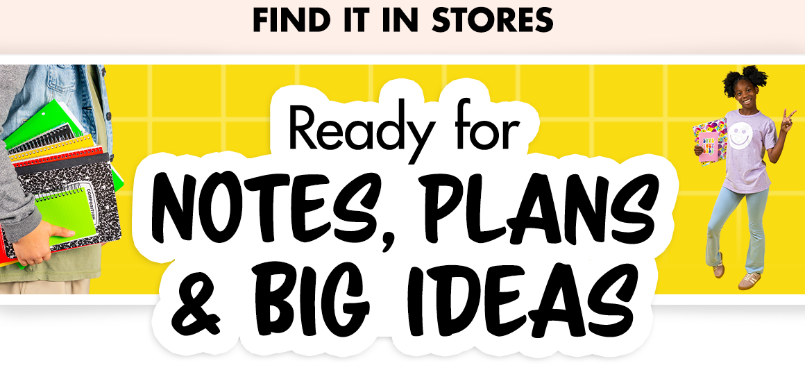 Ready for Notes, Plans & Big Ideas. Image of a young boy and a young girl holding notebooks.