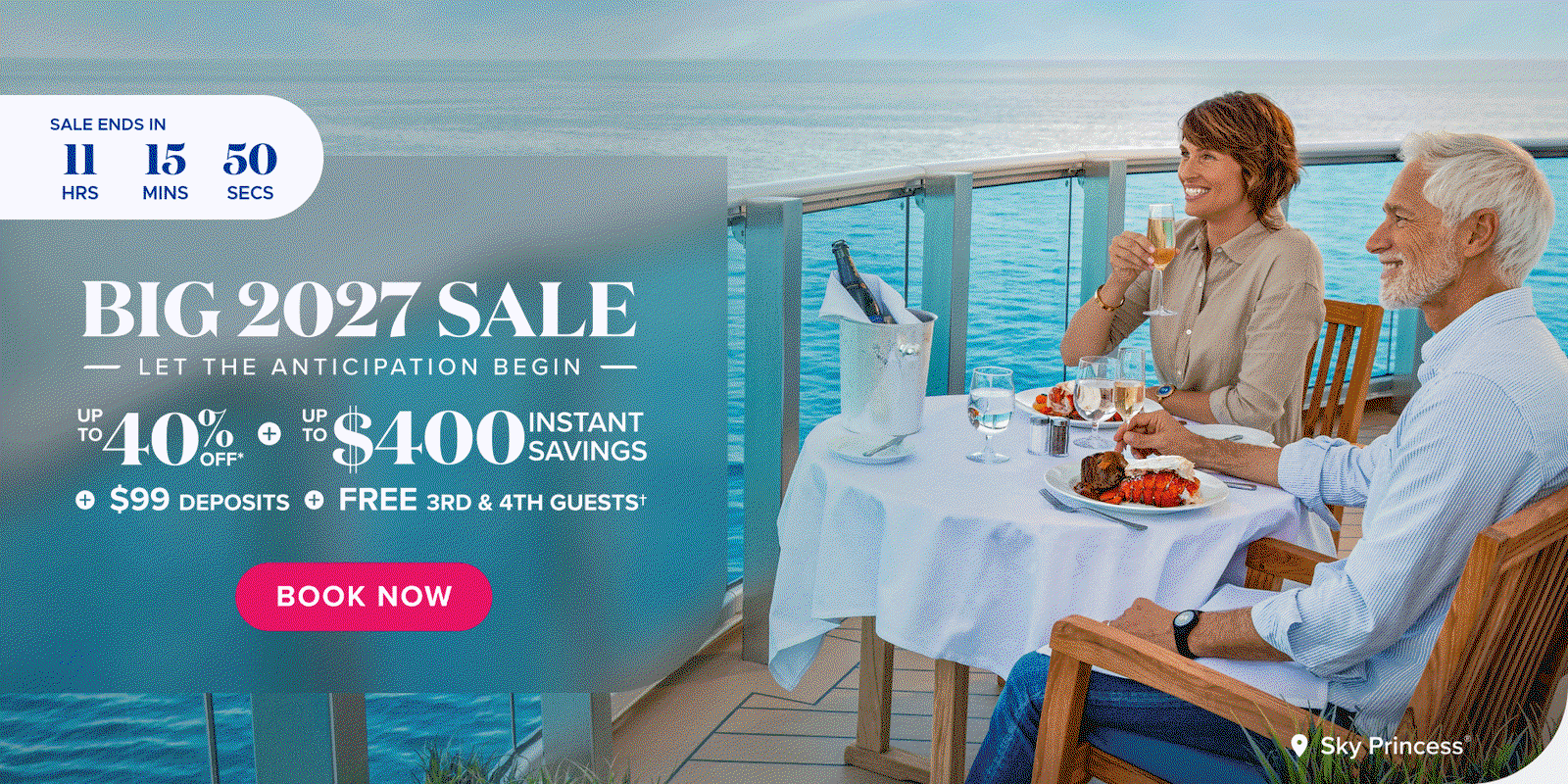 Big 2027 sale. let the anticipation begin. up to 40% off + $400 instant savings, $99 deposits, free 3rd & 4th guests. Alaska.