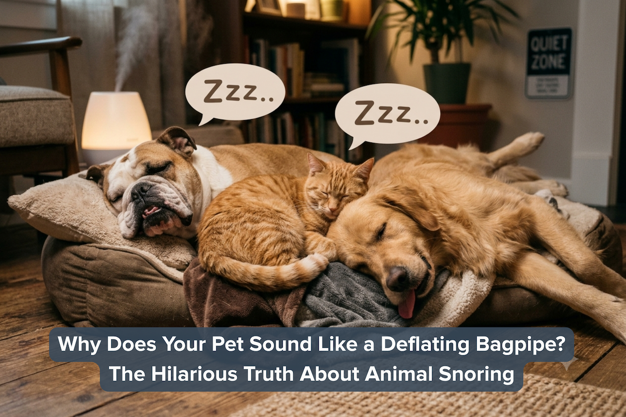 A sleeping bulldog, an orange tabby cat, and a golden retriever piled together in a dog bed with "Zzz.." speech bubbles, in a cozy living room.