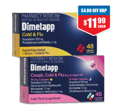 Dimetapp Cold & Flu Tablets 25% off RRP at Chemist Warehouse sale ends 22 July 2026