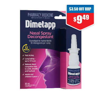 Dimetapp 12 Hour Nasal Spray 20ml 25% off RRP at Chemist Warehouse sale ends 22 July 2026