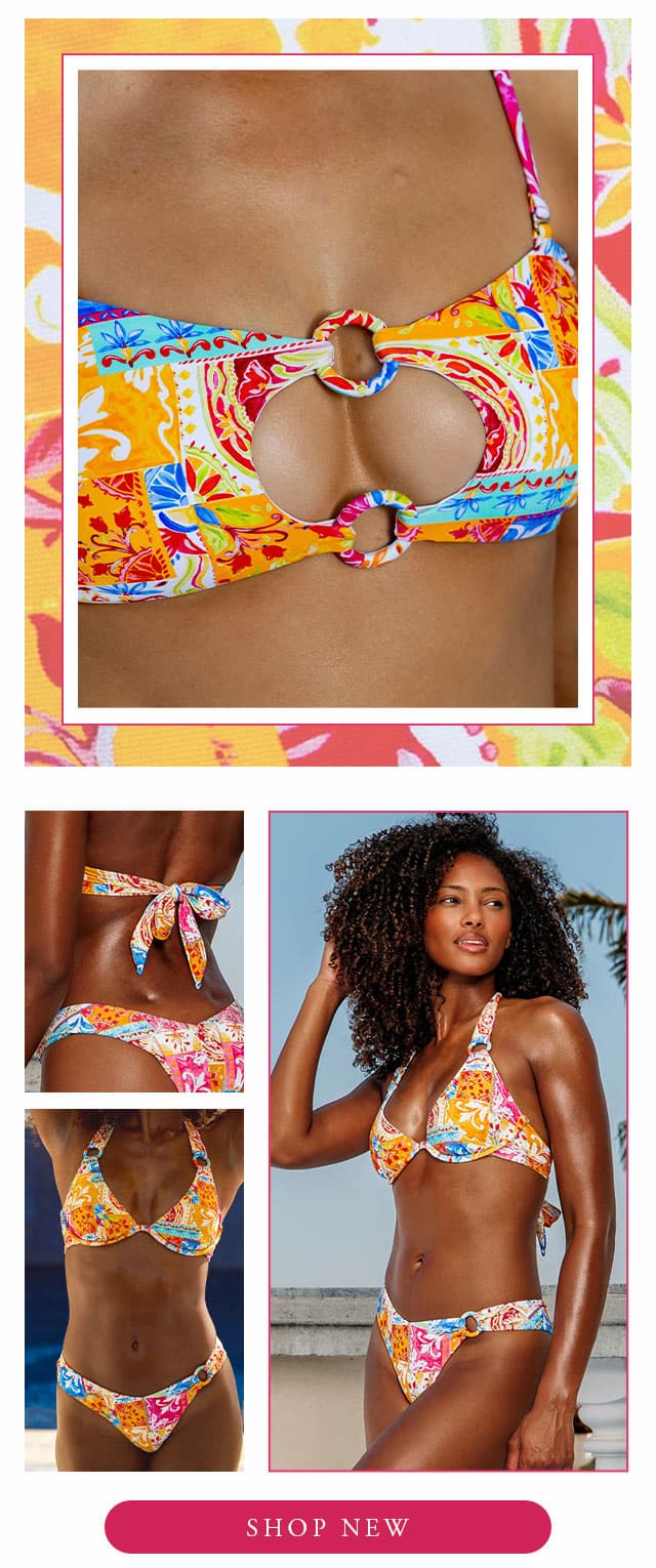 Collage of new multi print tile bikinis. Shop new. 