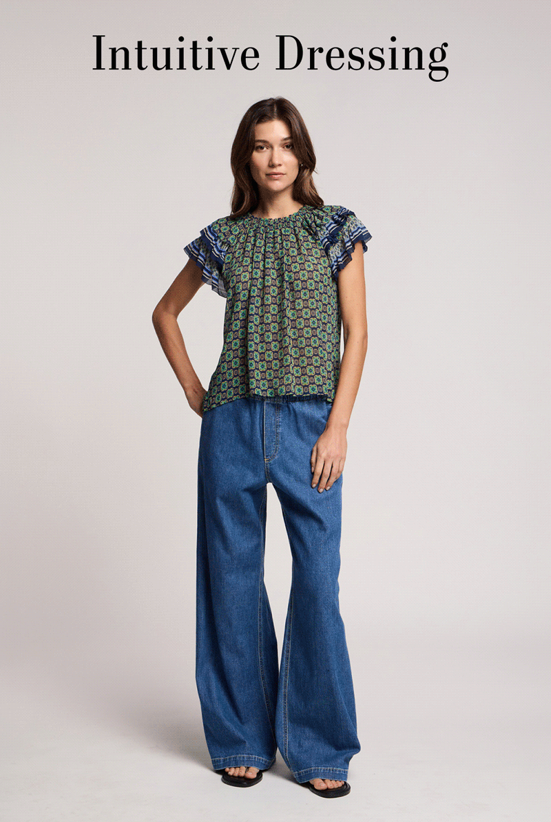 Image shows a model wearing the Mavis Top in White. Image shows a model wearing the Lina Top in Billow. Image shows a model wearing the Estina Skirt in White. Image shows a model wearing the Izzie Top in Tree. Image shows a model wearing the Renna Top in Cobble.