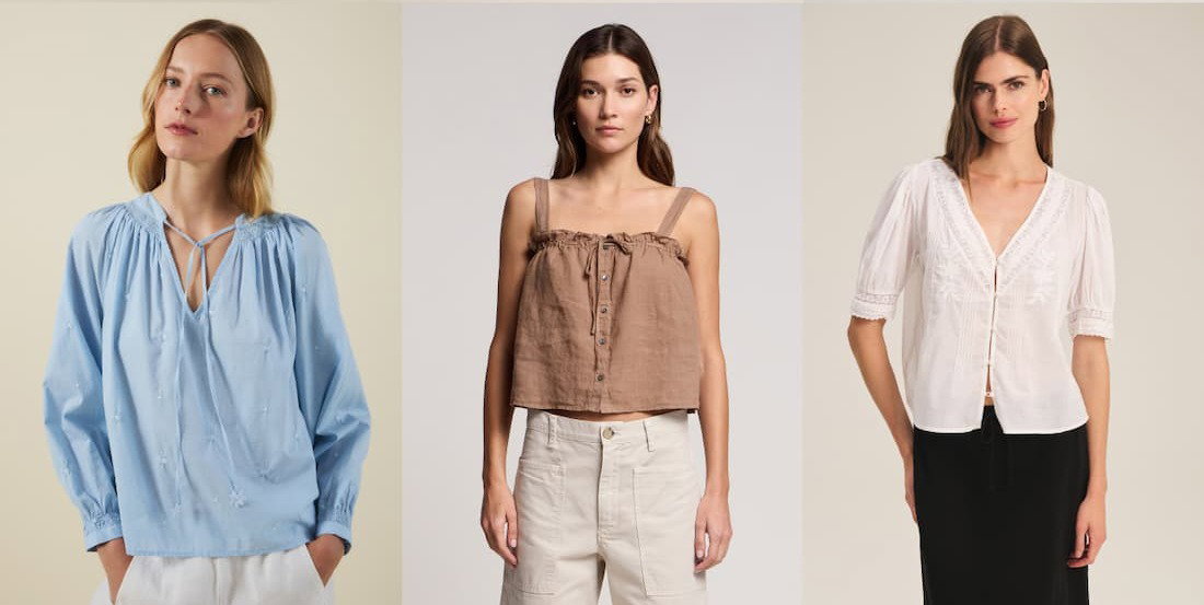 Image shows a model wearing the Sylvie Top in Blue. Image shows a model wearing the Izzie Linen Tank Top in Tree. Image shows a model wearing the Verna Top in Coconut.