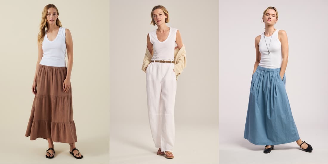 Image shows a model wearing the Chessa Pants in Pacific. Image shows a model wearing the Taylor Pants in White. Image shows a model wearing the Fae Pants in Sandcastle.